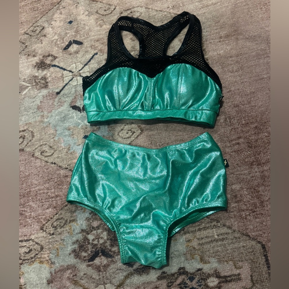 Shimmery Green High-Waist Bikini Set with Black Mesh Top
